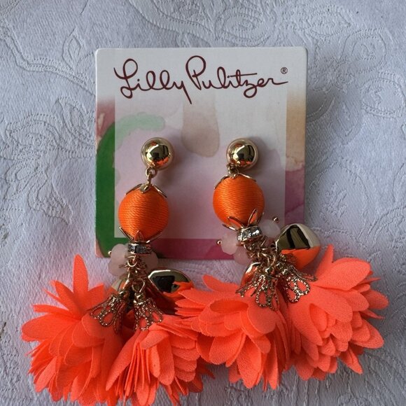 2 PC Lilly Pulitzer Orange Floral Statement Necklace Earring SET NEW - Picture 4 of 16